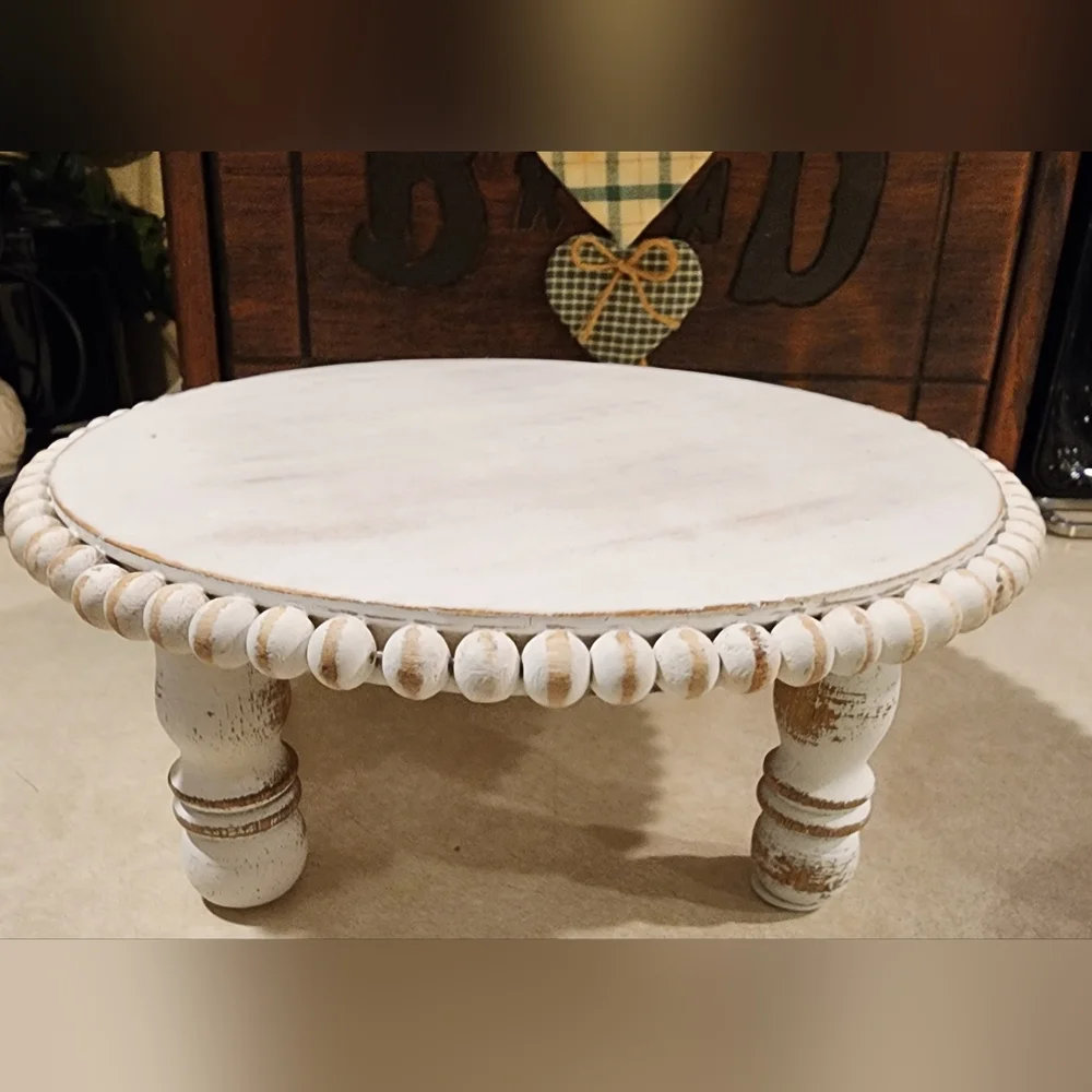 Distressed White-washed Wooden Beaded Farmhouse Pedestal Tray/Cake Display Stand